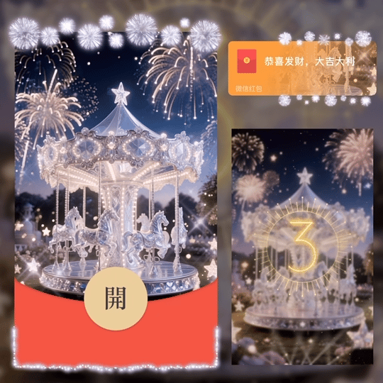 【红包封面】2026粉色新年快乐旋转木马烟花/动态/LM