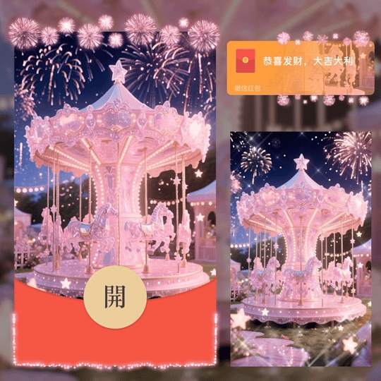 【红包封面】2026粉色新年快乐旋转木马烟花/动态/LM