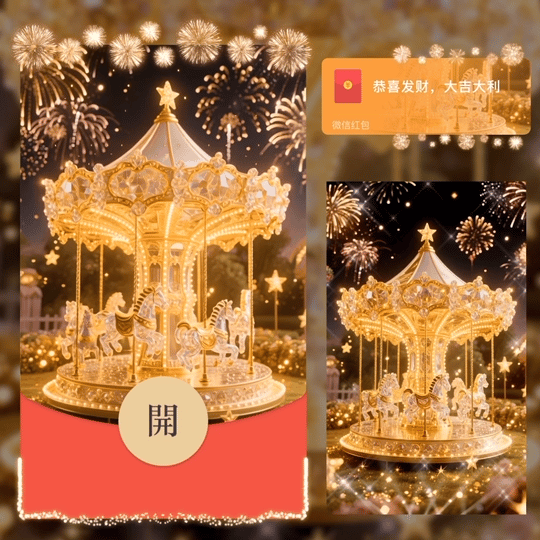 【红包封面】2026金色新年快乐旋转木马烟花/动态/LM