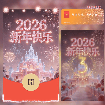 【红包封面】2026新年快乐粉色水晶城堡烟花/马年暴富发财/ln