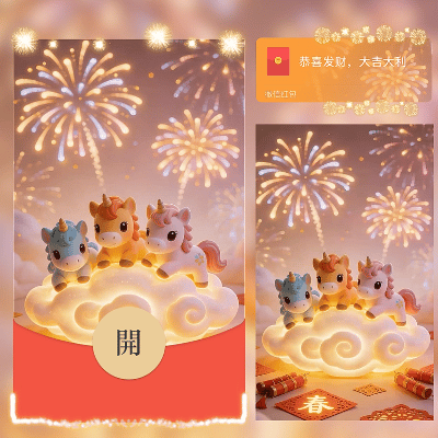 【红包封面】三马庆新春烟花/新年快乐/马年暴富发财/ln