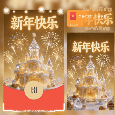 【红包封面】冰雕金色新年快乐烟花/新年快乐/马年暴富发财/ln