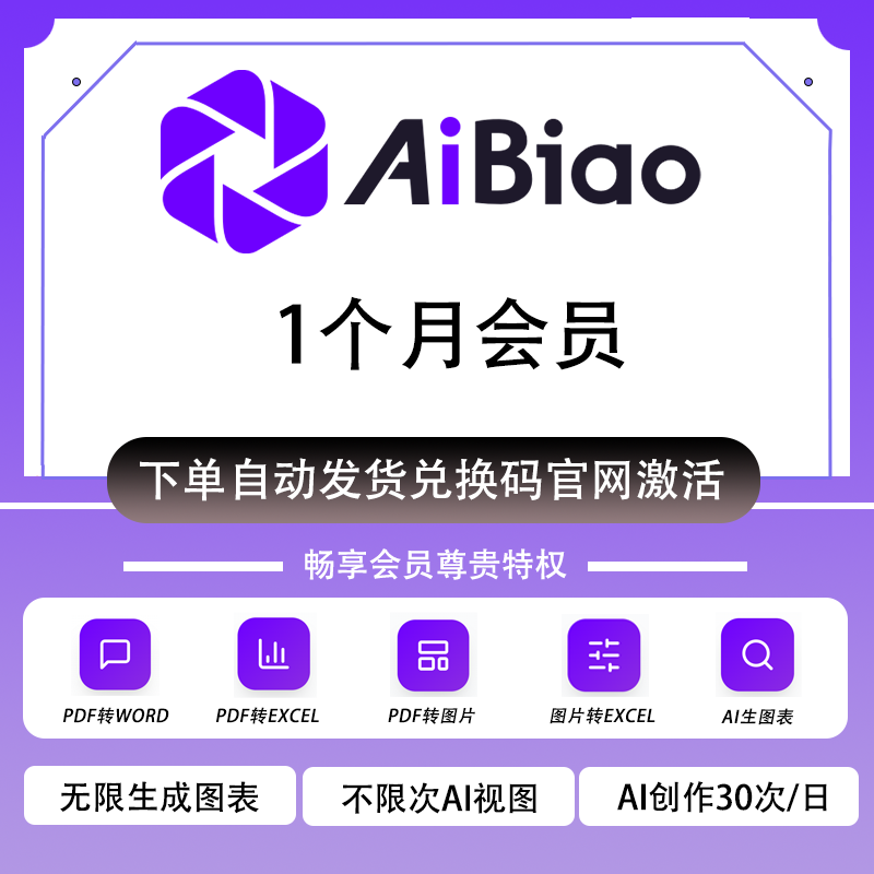 【官方卡密】AiBiao.COM文本转图表可视化会员『1个月』限价31.2元
