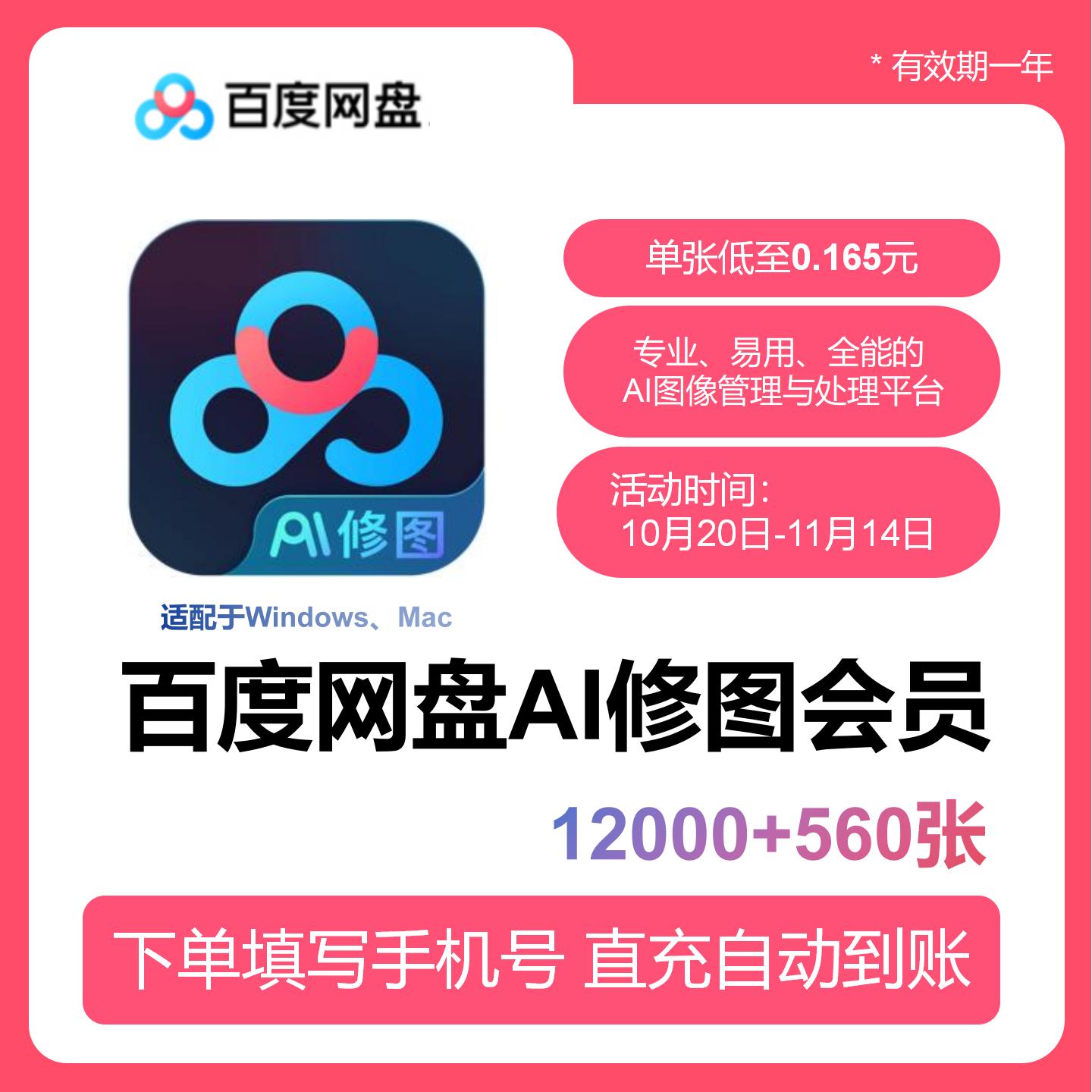 【账号直充】百度网盘AI修图『12560张』